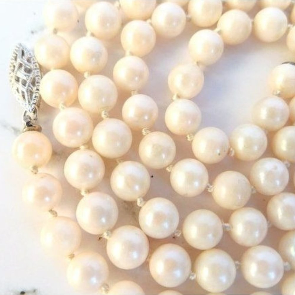 14K White Gold Clasp 6mm Akoya Pearl Natural Round 30 Gram Necklace 25" Vintage